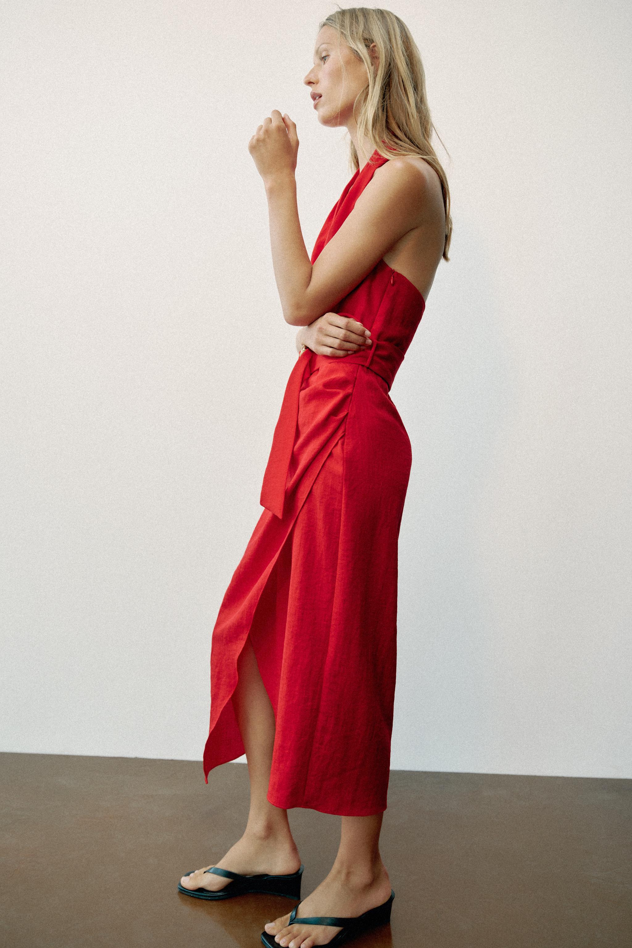 BELTED WRAP MIDI DRESS